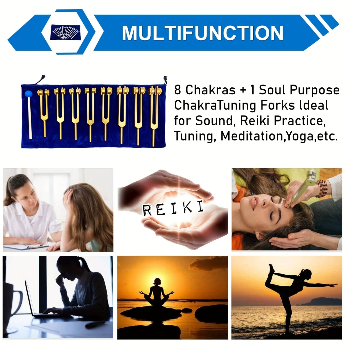 8pcs Golden Chakra Tuning Fork With 1 Soul Tuning Fork