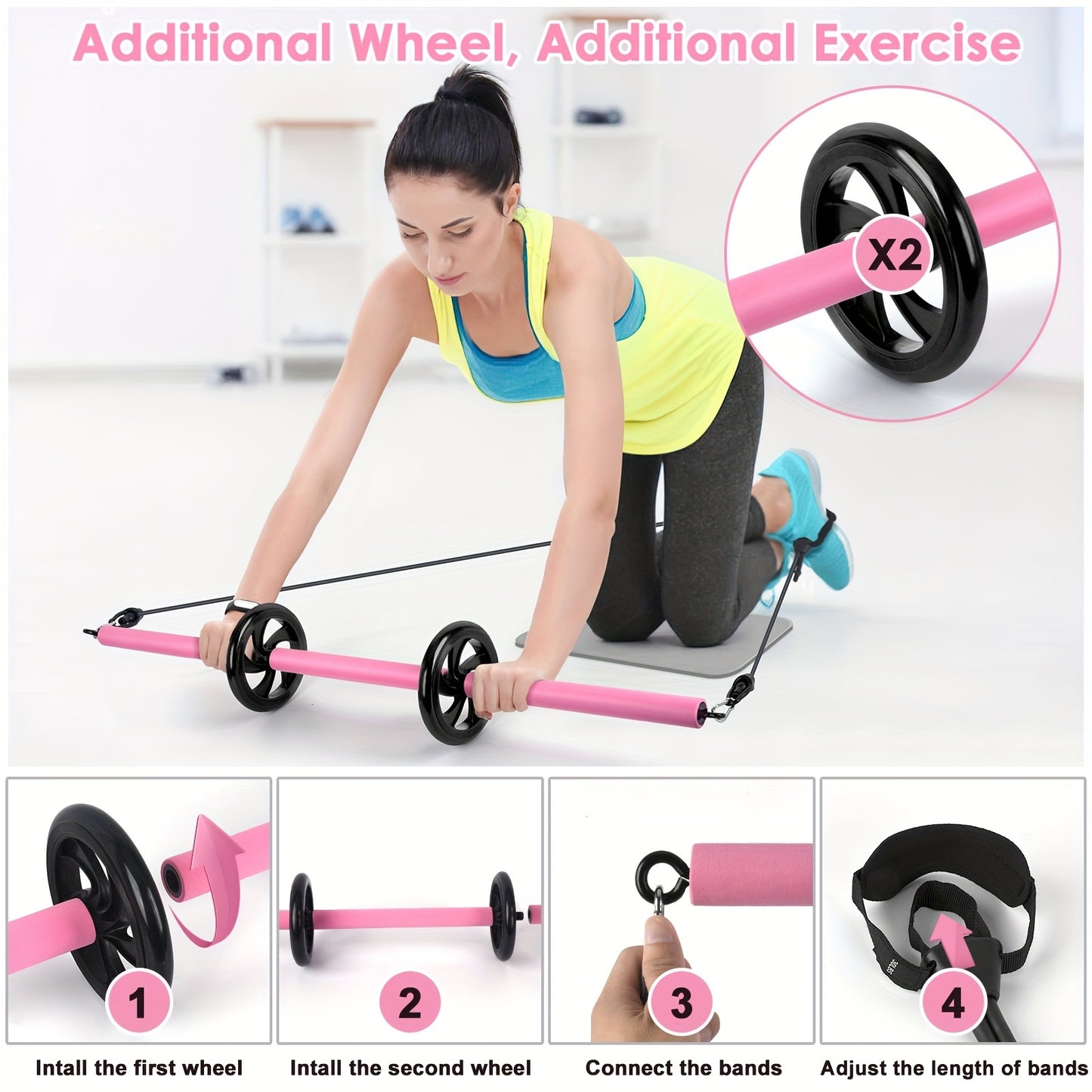 Pilates Bar Kit with Ab Roller - Adjustable 3-Section