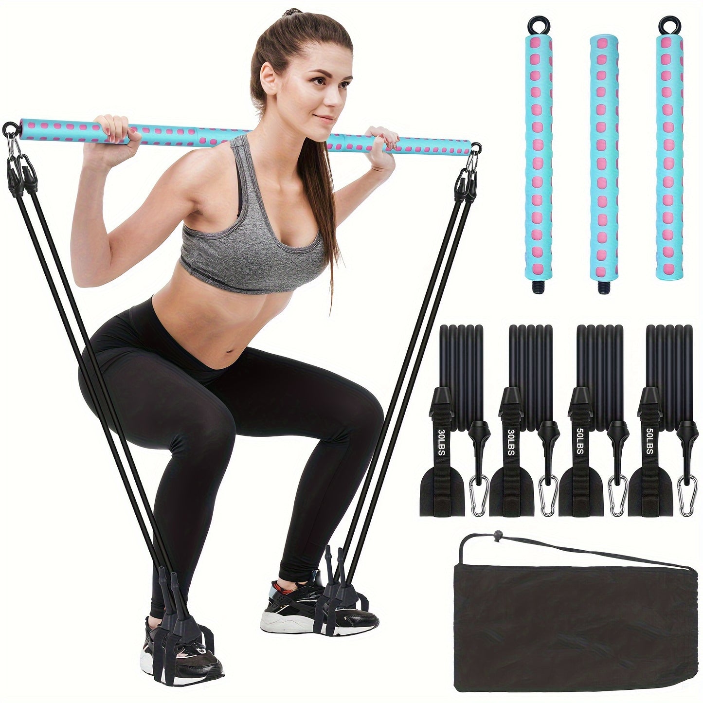 Adjustable Pilates Bar Kit with 4 Resistance Bands