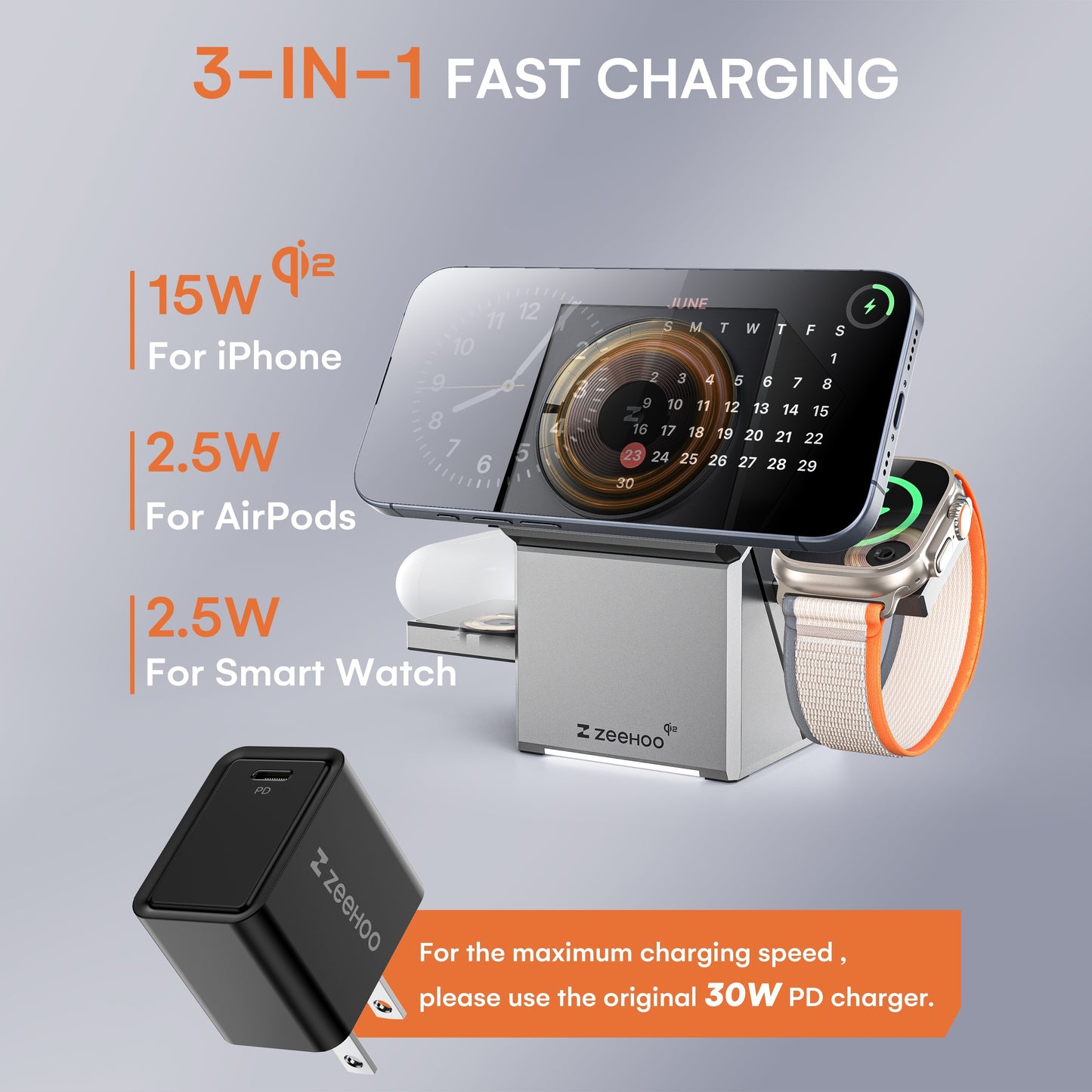 ZEEHOO Wireless Charging Station, CubeTrick-X Qi2 15W Fast Charge