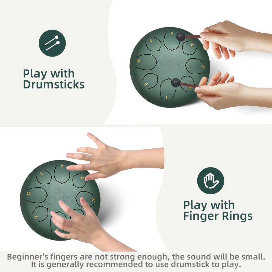 6-Inch Green Alloy Steel Rain Drum with 8 Chakra Tuning