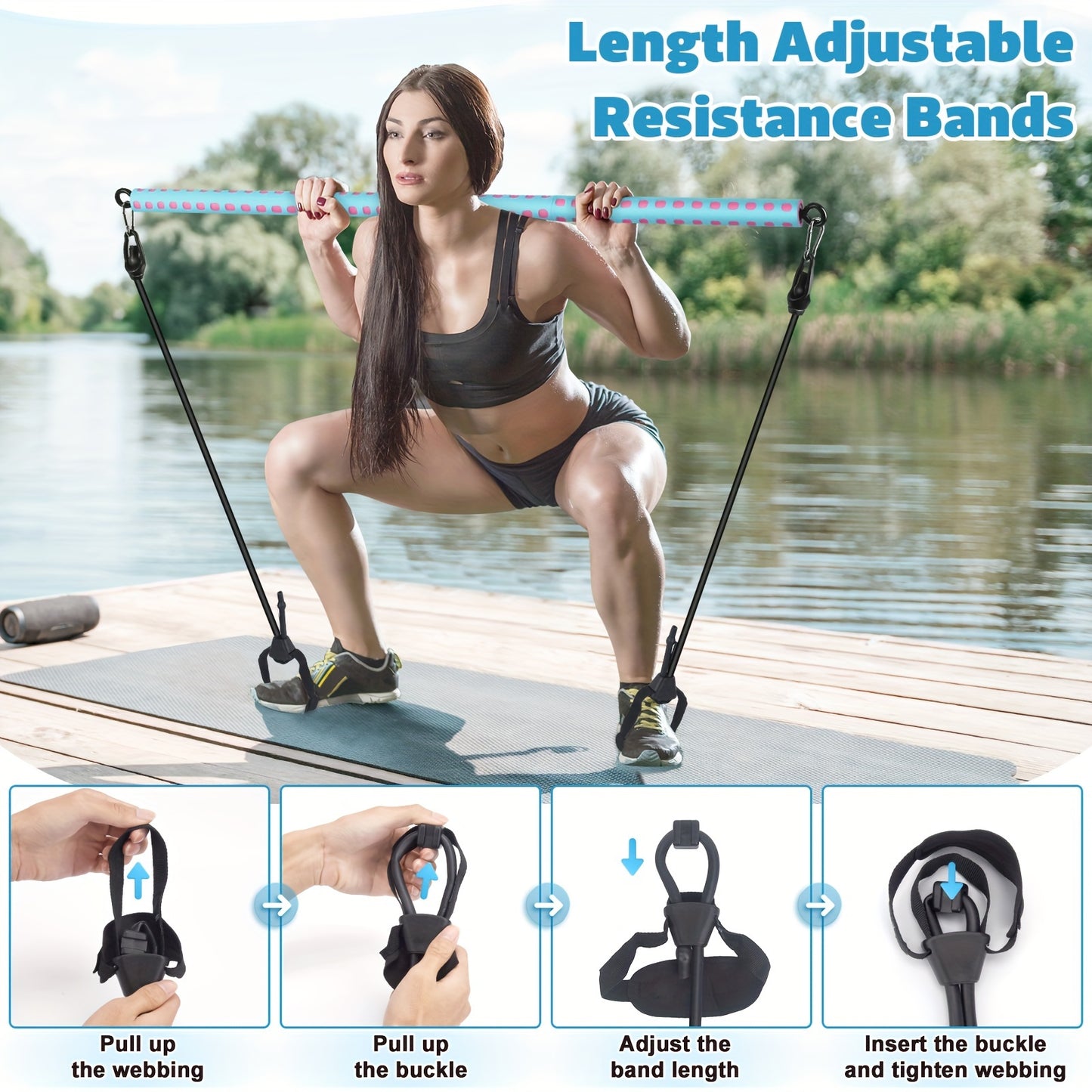 Adjustable Pilates Bar Kit with 4 Resistance Bands