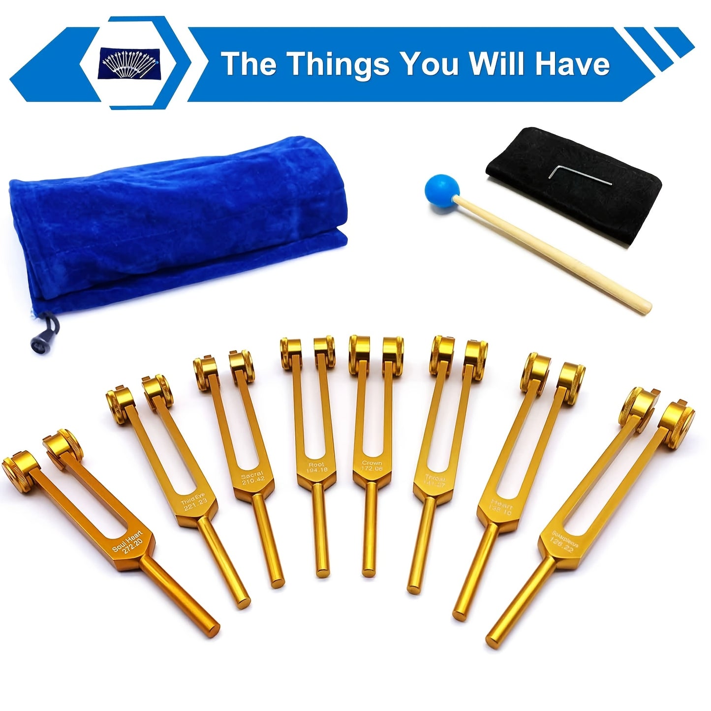 8pcs Golden Chakra Tuning Fork With 1 Soul Tuning Fork