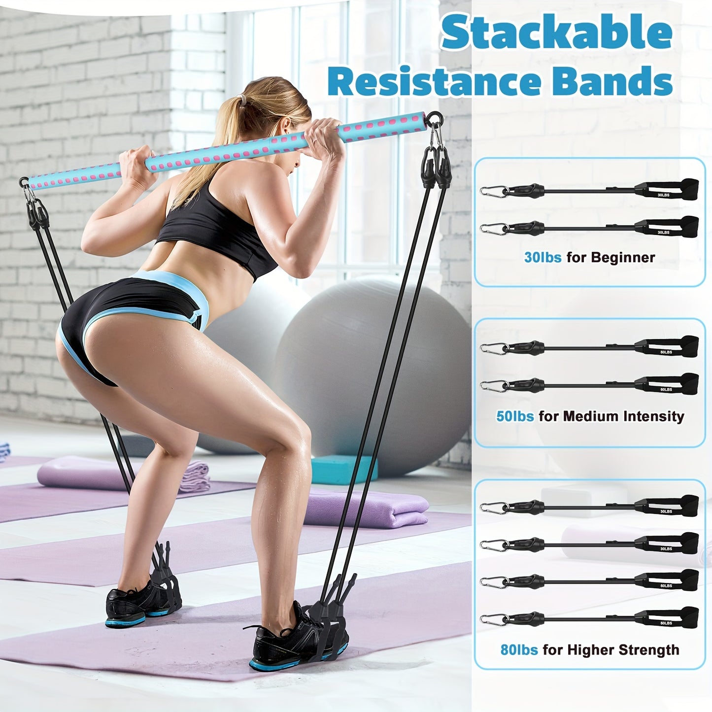 Adjustable Pilates Bar Kit with 4 Resistance Bands