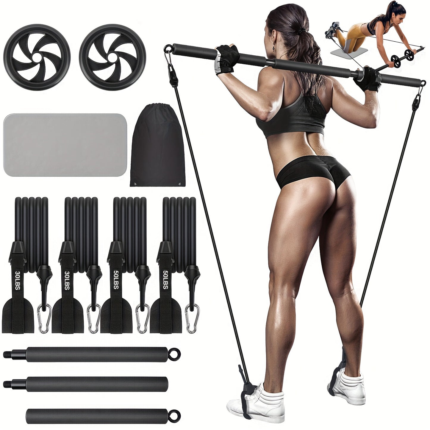 Pilates Bar Kit with Ab Roller - Adjustable 3-Section