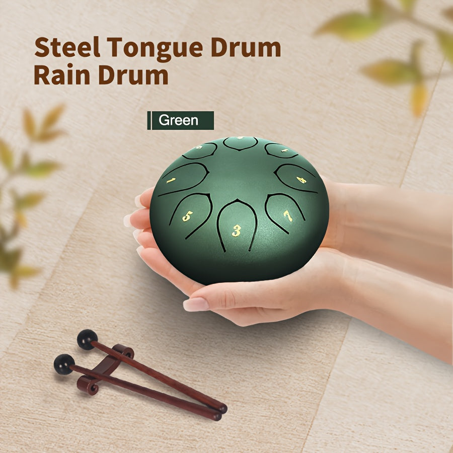 6-Inch Green Alloy Steel Rain Drum with 8 Chakra Tuning