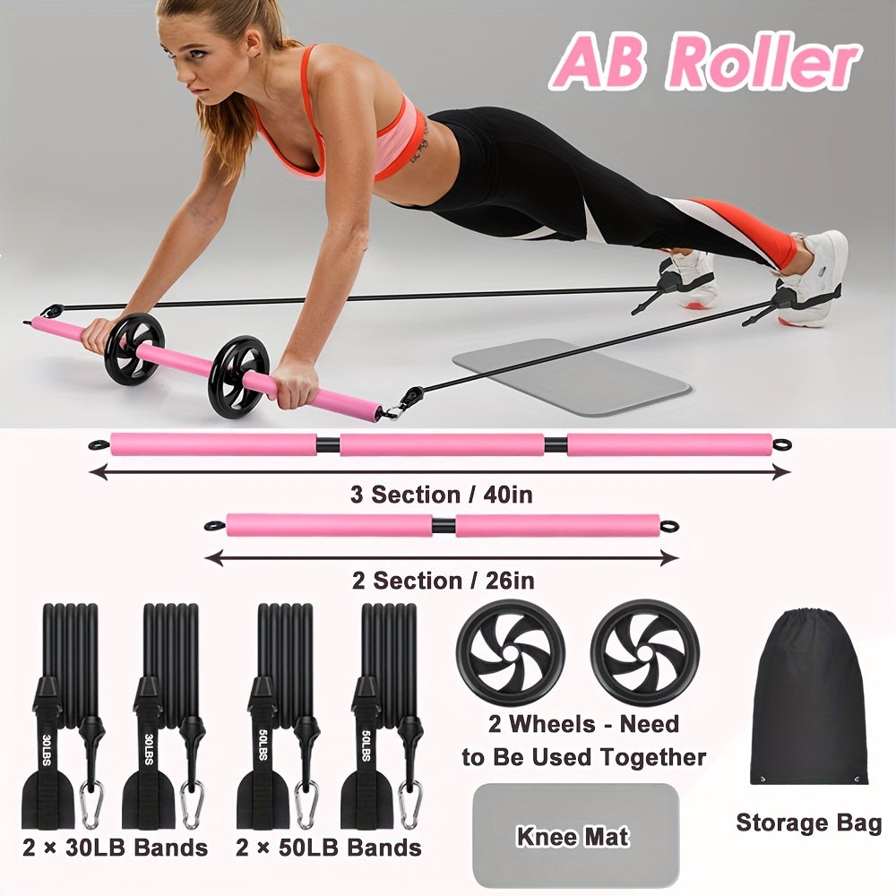 Pilates Bar Kit with Ab Roller - Adjustable 3-Section