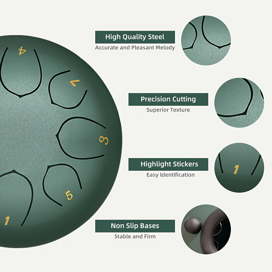 6-Inch Green Alloy Steel Rain Drum with 8 Chakra Tuning
