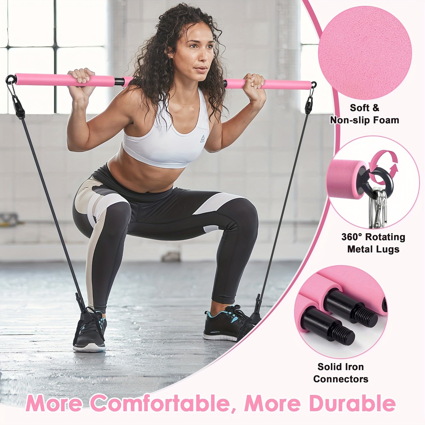 Pilates Bar Kit with Ab Roller - Adjustable 3-Section