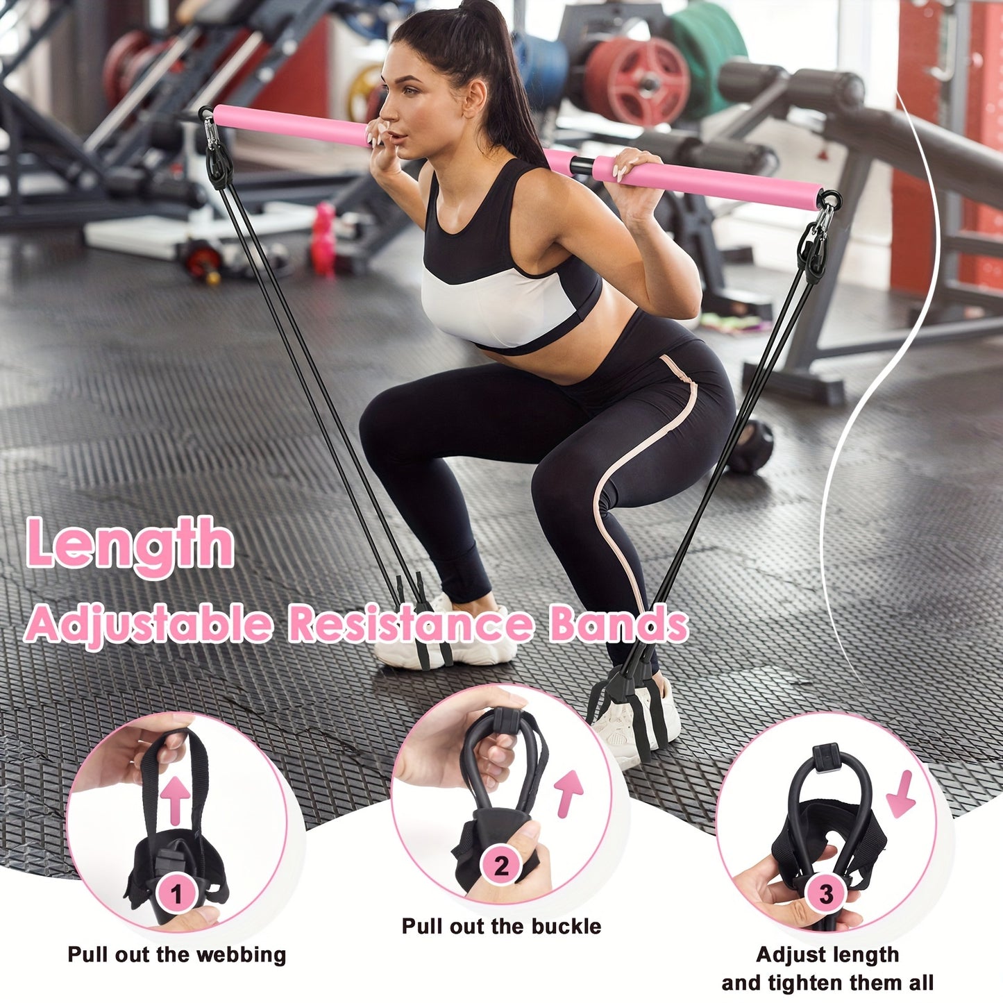 Pilates Bar Kit with Ab Roller - Adjustable 3-Section