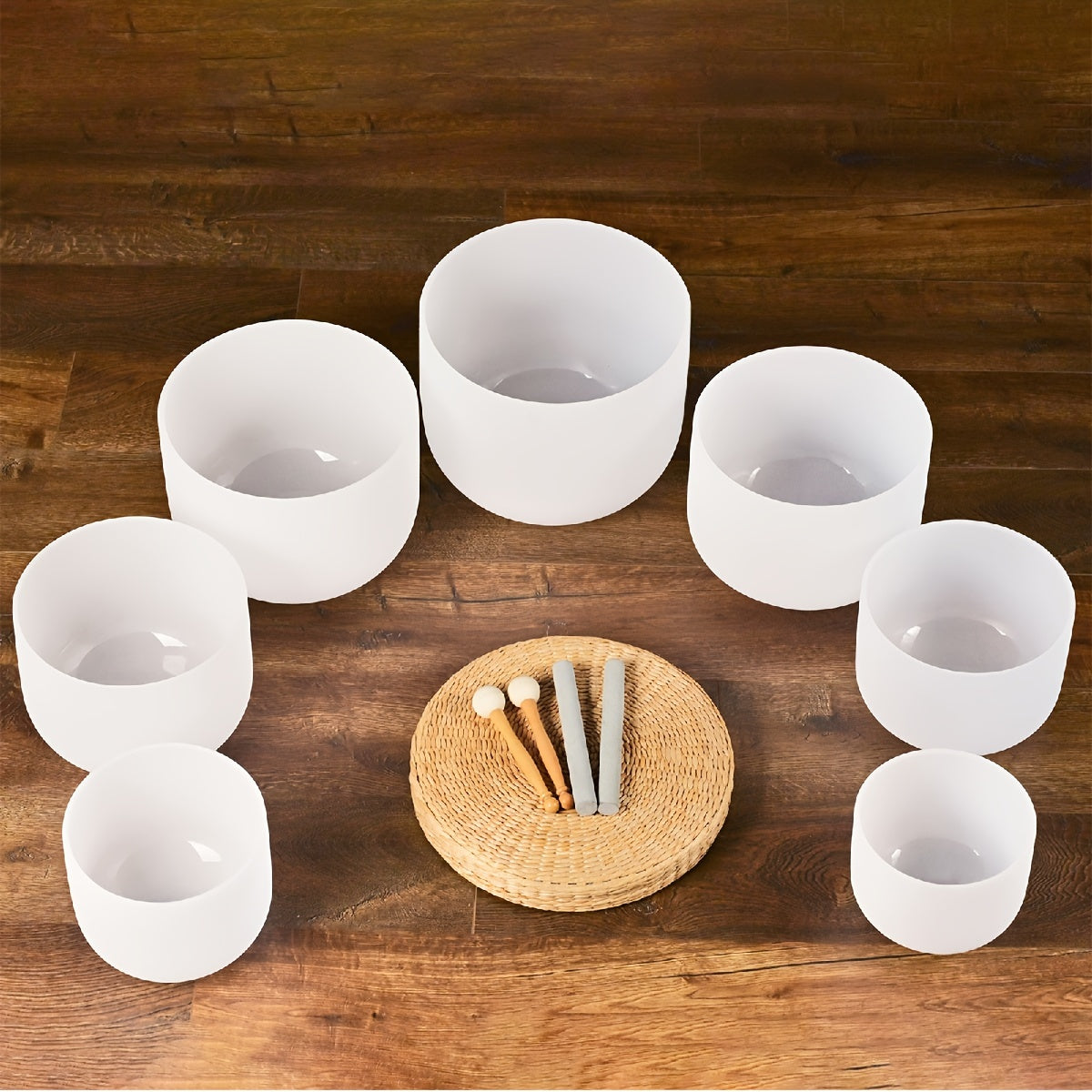 432Hz 6"-12" Set Of 7 Chakra Frosted Quartz Crystal