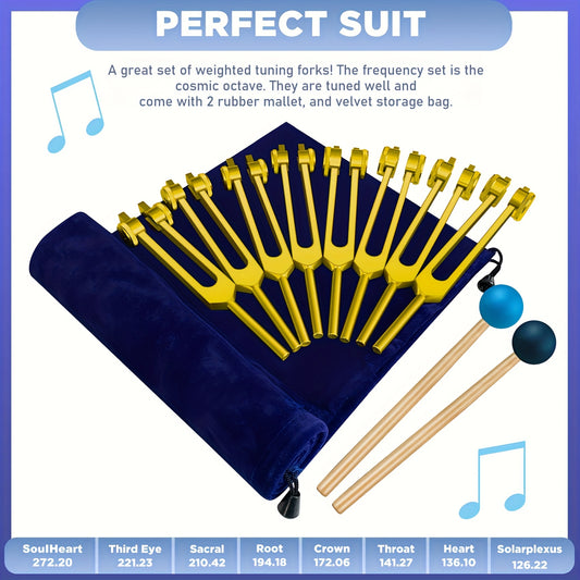 8pcs Golden Chakra Tuning Fork With 1 Soul Tuning Fork