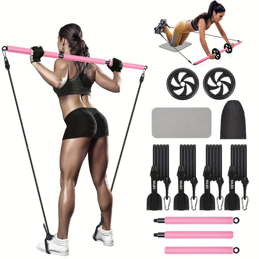 Pilates Bar Kit with Ab Roller - Adjustable 3-Section