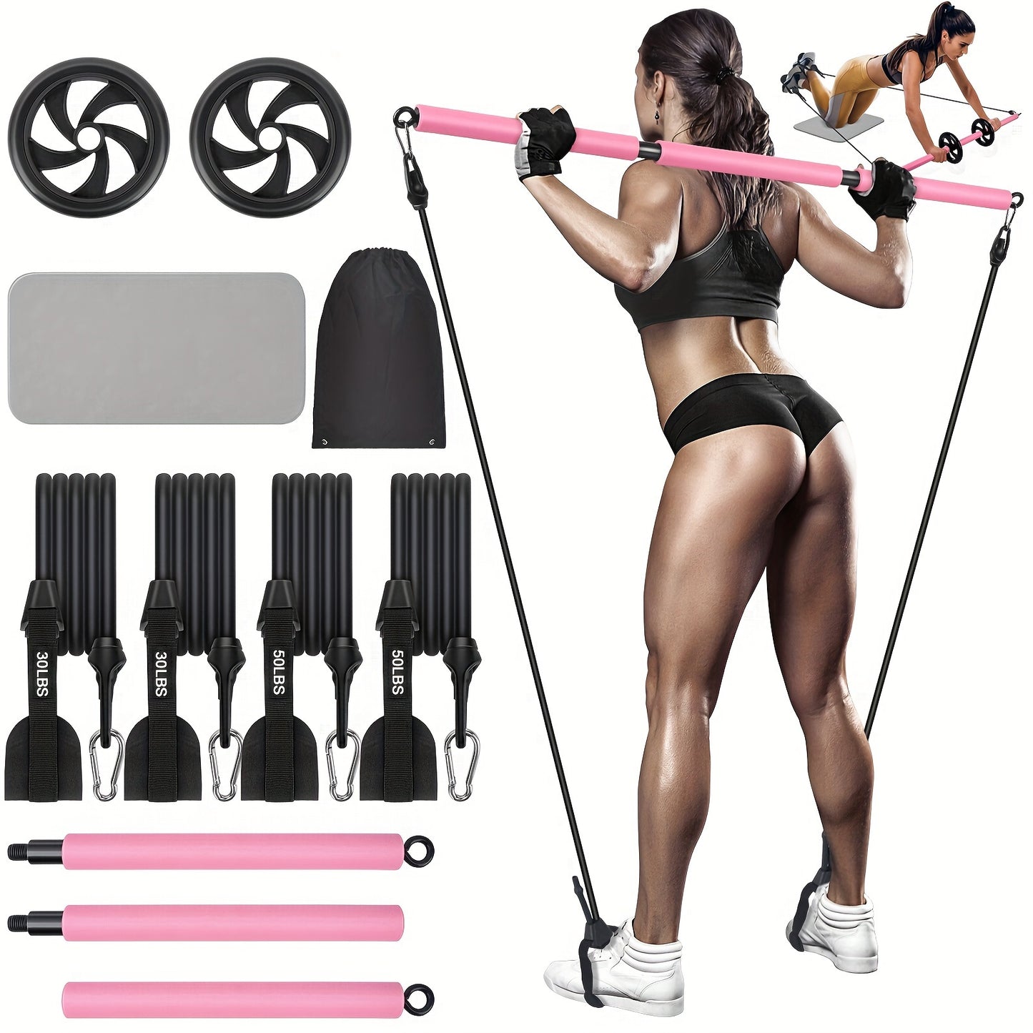 Pilates Bar Kit with Ab Roller - Adjustable 3-Section