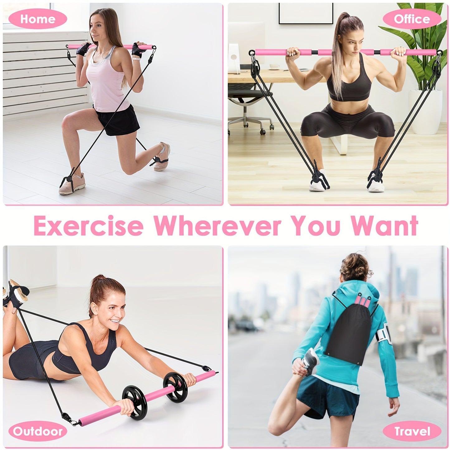 Pilates Bar Kit with Ab Roller - Adjustable 3-Section